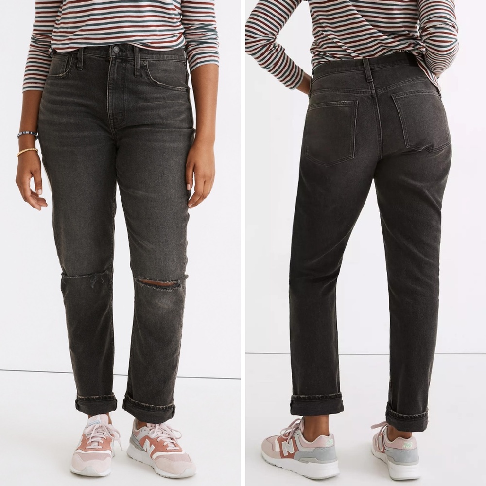 NEW Madewell High-Rise Slim Boyjean in Caton Wash Black Ripped-Knee Size 27